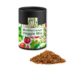 Gewürzmischung Mediterraner Veggie Mix in Kraftpapierdose Midi schwarz mit Werbebanderole