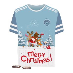 Trikot-Adventskalender Sarotti mit kompostierbarem Inlay und Werbedruck