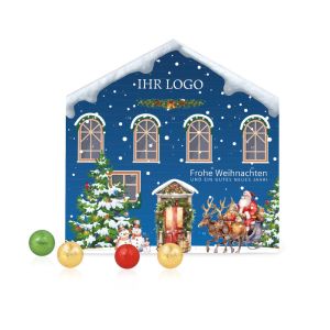 Adventskalender Weihnachtshaus mit Fairtrade Schokolade und Rundum-Werbedruck