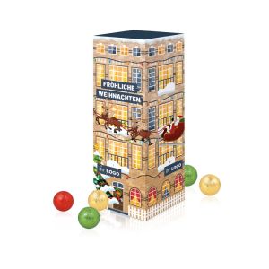 Adventskalender Turm mit Fairtrade Schokolade und Rundum-Werbedruck