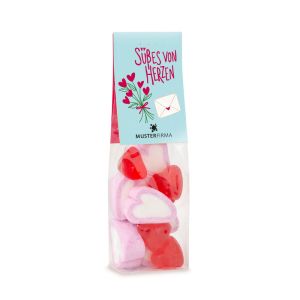 50 g Fruchtgummi und Marshmallow Herzen im transparenten Standbeutel mit beidseitig bedruckbarem Werbereiter