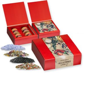 4er Geschenk-Set Gewürzmischung mit biologisch abbaubaren Eco Pappdosen mit Werbebanderole