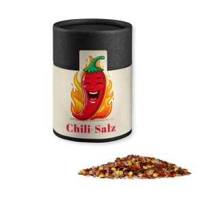 Chili-Salz in Kraftpapierdose Midi schwarz mit Werbebanderole