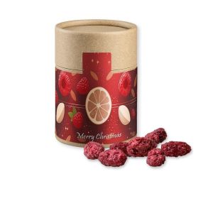 Gebrannte Mandeln Himbeere in Kraftpapierdose Midi mit Werbebanderole