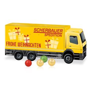 3D Adventskalender LKW mit Fairtrade Schokolade und Rundum-Werbedruck