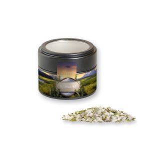 Rosmarin-Salz in schwarzer Mini Metalldose mit Sichtfenster und Werbebanderole