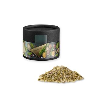 Bio Kräutersalz in Kraftpapierdose Mini schwarz mit Werbebanderole
