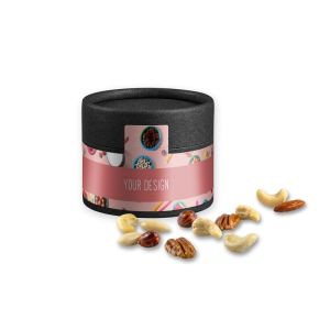 Bio NusskernMix in Kraftpapierdose Mini schwarz mit Werbebanderole