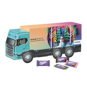 3D LKW Adventskalender lang Milka Schokotäfelchen mit individuellem Werbedruck