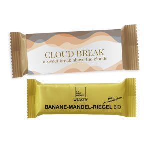Veganer Bio Banane-Mandel-Riegel im Schuber mit Werbedruck