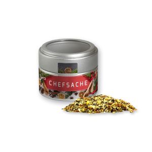 Bio Weihnachts Gewürzmischung Chefsache in silbener Mini Metalldose mit Sichtfenster und Werbebanderole