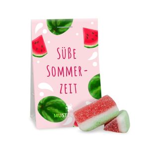 15 g Fruchtgummi Wassermelonen im transparenten Standbeutel mit beidseitig bedruckbarem Werbereiter