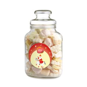 Nostalgisches Bonbonglas befüllt mit Schaumzucker Nikoläusen und einem Werbeetikett