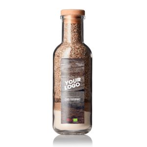 Backmischung dänisches Chia Roggenbrot (Rugbrødet) in einer Flasche mit Werbeetikett