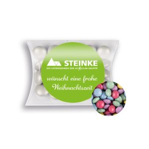15 g vegane Schoko-Linsen in Mini-Kissen mit Werbeetikett