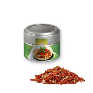 Toskanische Bruchetta Bio in silbener Mini Metalldose mit Sichtfenster und Werbebanderole
