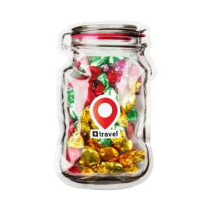Metalic sweets im Midi-Beutel in Weckglas-Form mit Werbeetikett