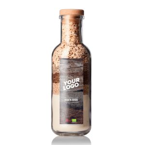 Backmischung dänisches Knäckebrot (knækbrødet) in einer Flasche mit Werbeetikett