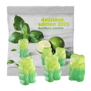 ca. 20 g vegane Basilikum-Limetten Bärchen im Werbetütchen mit Werbedruck
