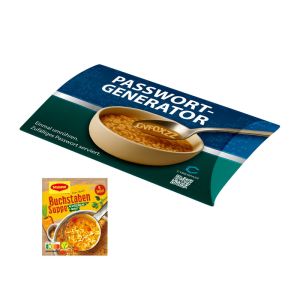100 g Buchstabensuppe in einer Kissenschachtel mit Rundum-Werbedruck