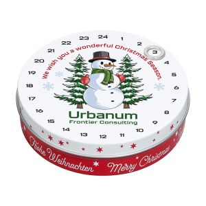 Magnetdosen-Adventskalender mit 24 Choco Company Schokoladen-Naps und Logodruck