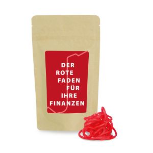 150 g Süßwaren nach Wahl im Papierdoypack im transparenten Standbeutel mit beidseitig bedruckbarem Werbereiter
