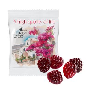 20 g veganes -80% Zucker Fruchtgummi im kompostierbaren Werbetütchen mit Werbedruck