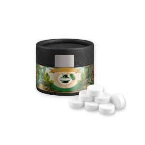 Bio Pfefferminz Drops in Kraftpapierdose Mini schwarz mit Werbebanderole
