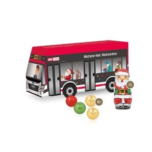 3D Präsent Bus mit Fairtrade Schokolade und Rundum-Werbedruck
