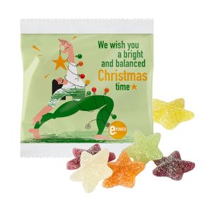16 g vegane Weihnachtsgelee-Sterne im kompostierbaren Werbetütchen mit Logodruck