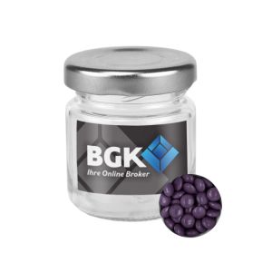 30 g lila Schoko-Linsen im Mini Glas mit Werbeetikett