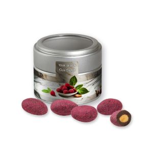 Zartbitter-Himbeer Mandeln in silbener Mini Metalldose mit Sichtfenster und Werbebanderole