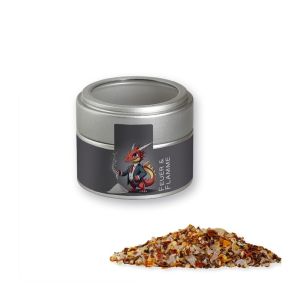 Bio Gewürzmischung Feuer und Flamme in silbener Mini Metalldose mit Sichtfenster und Werbebanderole