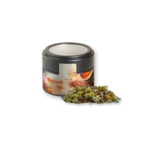 25 g Bio Rotbuschtee Entspannungszeit in schwarzer Mini Metalldose mit Sichtfenster und Werbebanderole