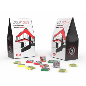50 g Retro Fruchtkaramellen in Mini Standbodenkartonage mit Werbedruck