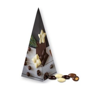 Mandel-Schoko-Trio in Präsent-Pyramide mit Werbedruck