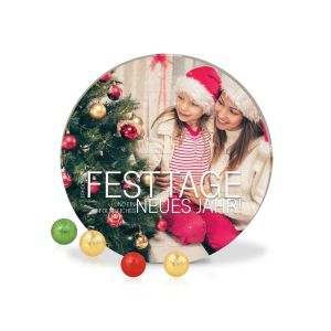 Runder Adventskalender mit Fairtrade Schokolade und Rundum-Werbedruck
