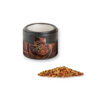 Steak Pfeffer in schwarzer Mini Metalldose mit Sichtfenster und Werbebanderole