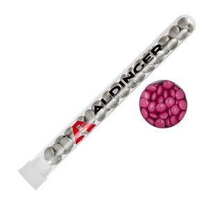 16 g pinke Schoko-Linsen im Reagenzglas mit Tampondruck