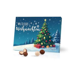Tisch-Adventskalender mit Brand Knusperkugeln und Rundum-Werbedruck
