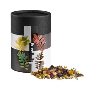 Bio Kräutertee Vierjahreszeiten in Kraftpapierdose Midi schwarz mit Werbebanderole