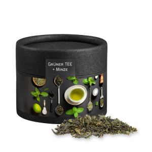 Bio Grüner Tee mit Minze in Kraftpapierdose Mini schwarz mit Werbebanderole