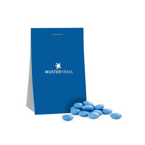 10 g blaue Schokolinsen in Naschtasche mit Werbereiter