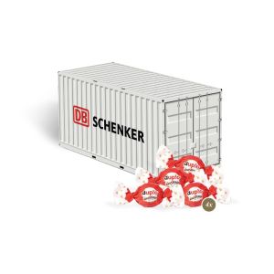 3D Präsent Container mit duplo Knusperlen und Rundum-Werbedruck