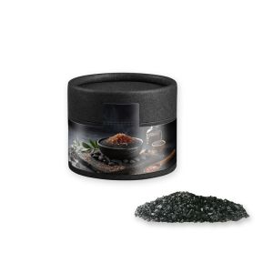 Black Lava Salz in Kraftpapierdose Mini schwarz mit Werbebanderole