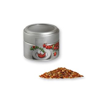 Tomate-Mozzarella in silbener Mini Metalldose mit Sichtfenster und Werbebanderole