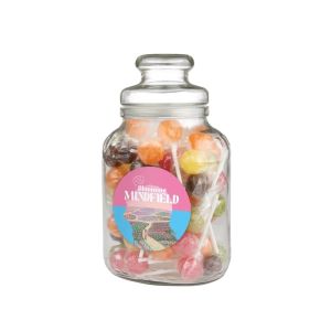 Nostalgisches Bonbonglas befüllt mit Lollis und einem Werbeetikett