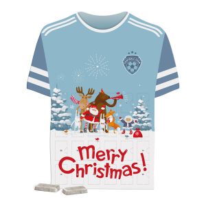 Trikot-Adventskalender Schokoladentäfelchen mit kompostierbarem Inlay und Werbedruck