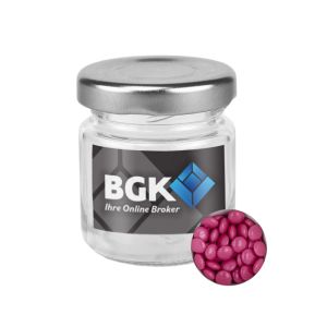 30 g pinke Schoko-Linsen im Mini Glas mit Werbeetikett