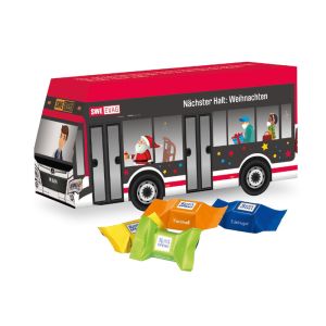 3D Präsent Bus mit Ritter SPORT Schokowürfel und Werbedruck